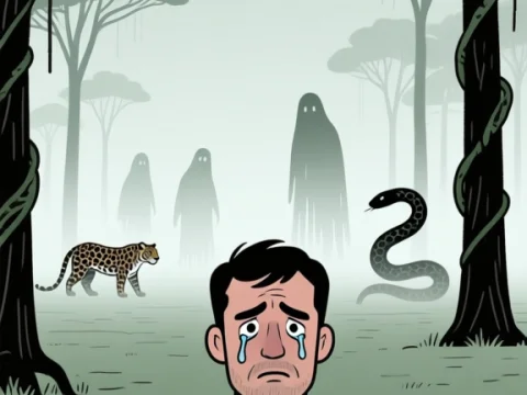 Worried Man in a Mysterious Amazonian Forest