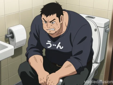 Worried Man Sitting on Toilet in Anime Style