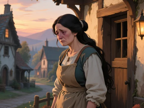 Worried Medieval Mother Standing Outside Cottage at Sunset