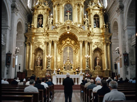 Worshippers in a Glittering Golden Church Interior