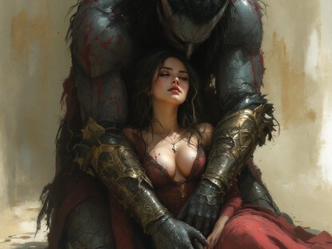 Wounded Demon Embracing a Woman in Red Dress