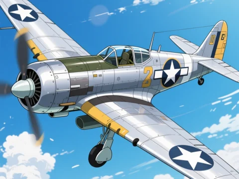 WWII Silver Fighter Plane in Flight with Blue Sky