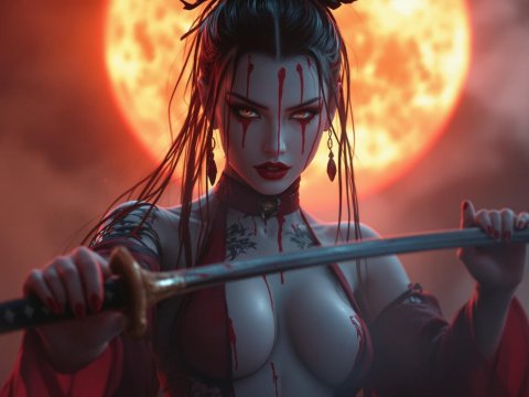 Yakuza Warrior Woman with Katana Under Blood Moon