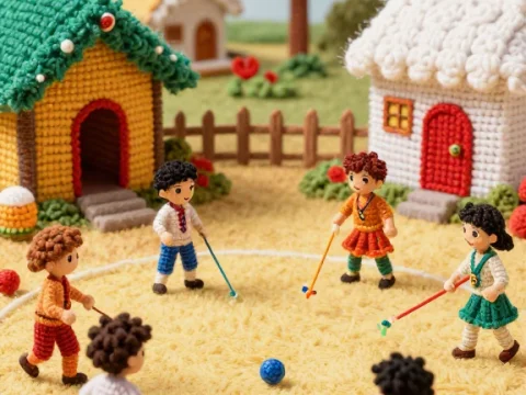 Yarn Village Playground with Children Playing