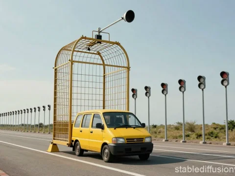 Yellow Car Driving Through Giant Birdcage on Road