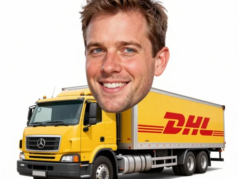 Yellow DHL Truck with Oversized Smiling Man's Head