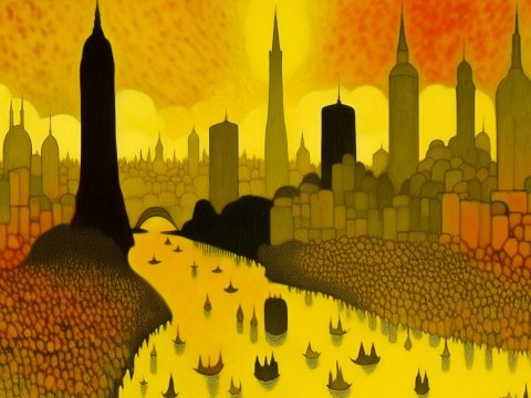 Yellow Electric City Skyline with River and Boats