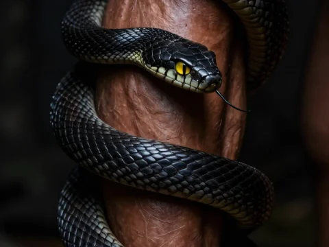 Yellow-Eyed Black Snake Coiled Around Arm
