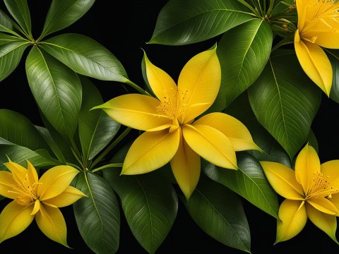 Yellow Flowers with Lush Green Leaves on Black Background