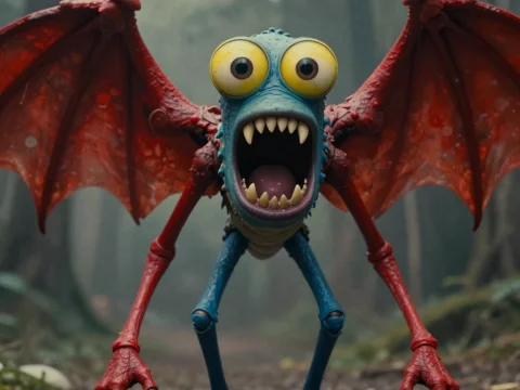 Yellow-Headed Scary Monster with Red Wings in Forest