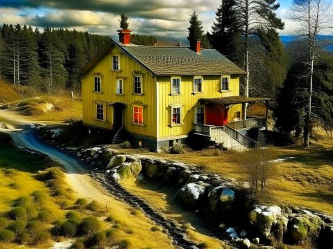 Yellow House in a Serene Forest Landscape