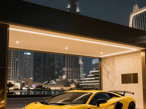 Yellow Lamborghini Aventador in Luxurious Dubai Setting at Night