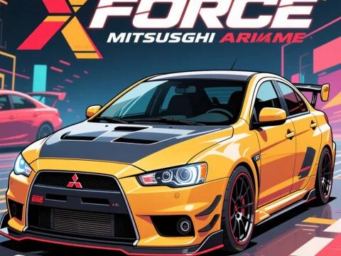 Yellow Mitsubishi Lancer Evolution in Futuristic Cityscape