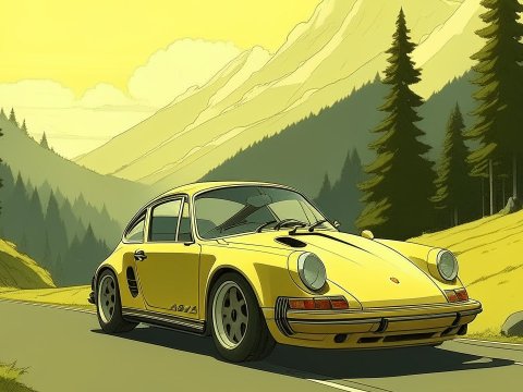 Yellow Porsche 911 Driving Through Mountain Road