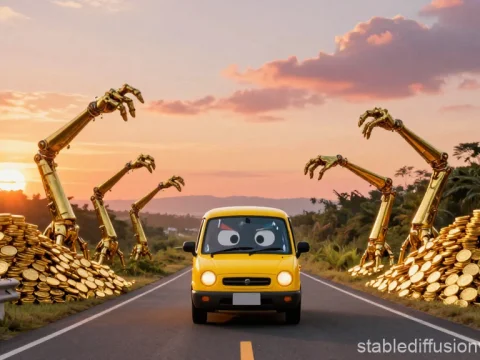 Yellow Taxi Facing Giant Robotic Hands Emerging from Gold Coins