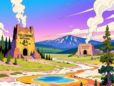 Yellowstone National Park Cartoon Landscape with Geysers