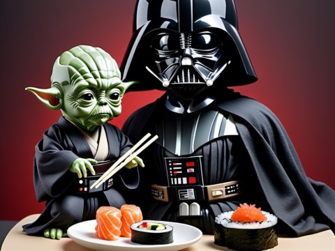 Yoda and Darth Vader Enjoying Sushi Together