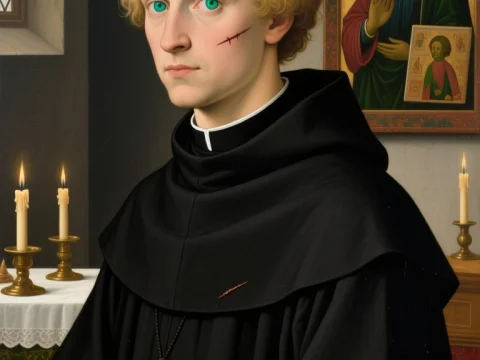 Young Abbot in Candlelit Room with Religious Icon