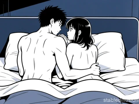 Young Adults Embracing in Bed Anime Scene
