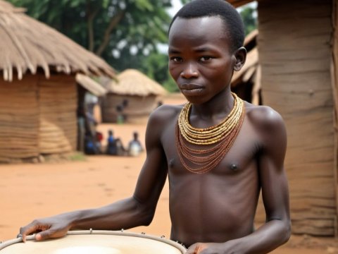 Young African boy playing traditional drum in village