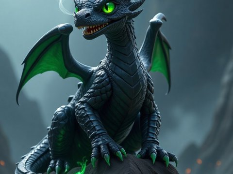 Young Black Dragon with Glowing Green Eyes and Tail Flame