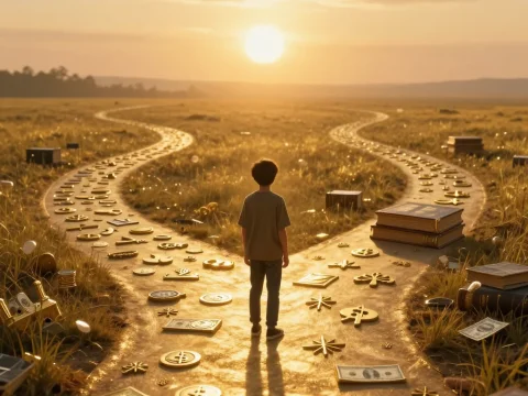 Young Boy Choosing His Path at Sunset