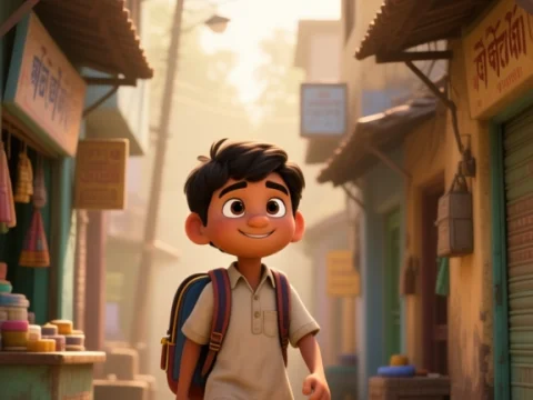 Young Boy Walking Through a Sunny Village Street