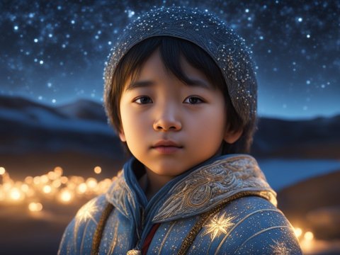 Young Child in Starry Night with Ornate Winter Clothing