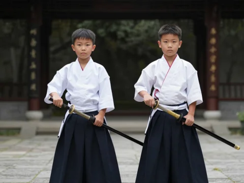 Young Chinese Swordsmen in Traditional Attire