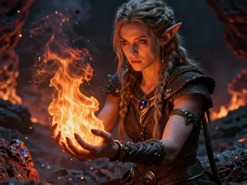 Young Elf Sorceress Summoning Fire Magic