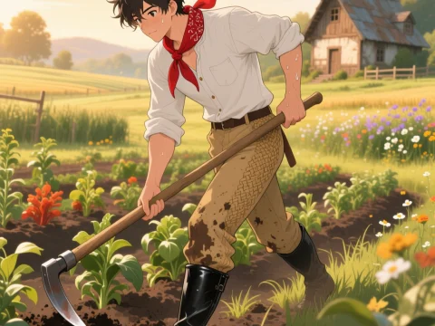 Young Farmer Working in a Sunny Garden