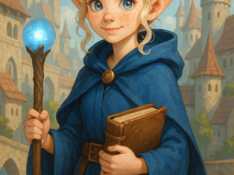 Young Female Elf Wizard in Blue Cloak