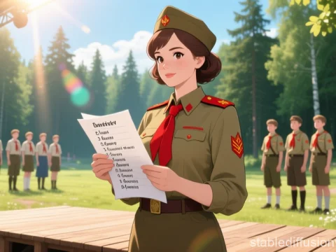 Young Female Scout Leader Reading on Outdoor Stage
