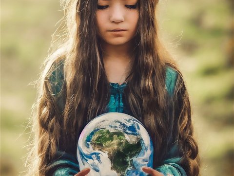 Young Girl Holding a Globe Representing Earth