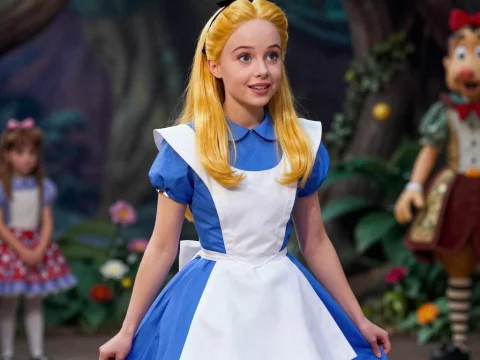 Young Girl in Classic Alice Costume in Fantasy Forest