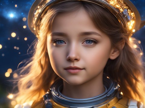 Young Girl in Illuminated Space Suit with Starry Background