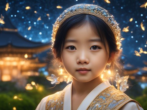 Young Girl in Traditional Attire with Glowing Butterflies at Night