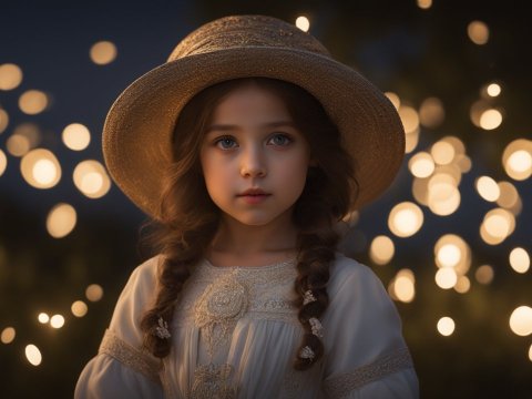 Young Girl in Vintage Dress and Straw Hat with Bokeh Lights