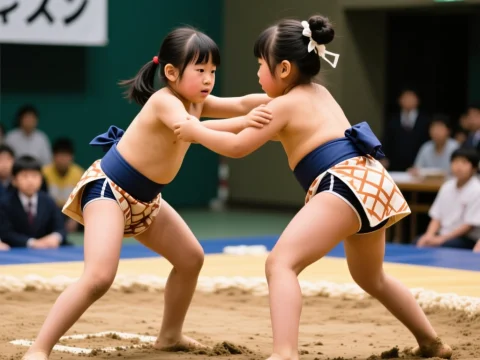 Young Girls Engaged in Traditional Sumo Wrestling Match