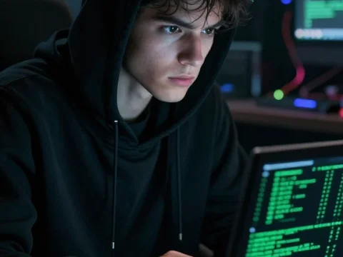 Young Hacker Focused on Coding in Dark Room