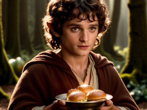 Young Hobbit Offering Mini Burgers in Enchanted Forest