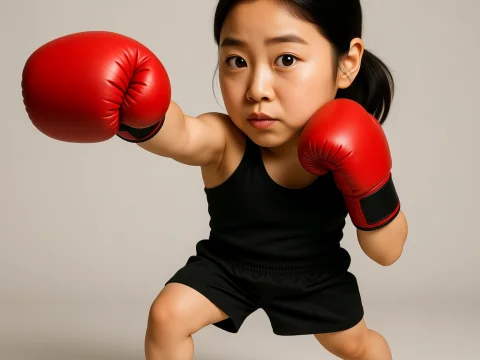 Young Korean Girl in Boxing Stance with Red Gloves