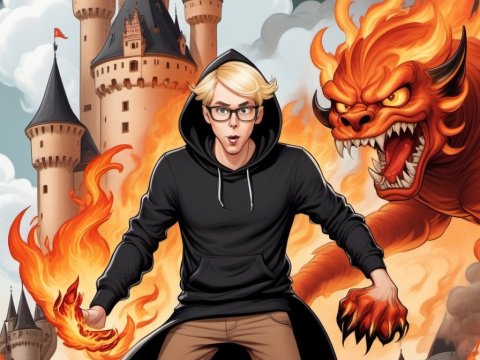 Young Mage Summoning a Fiery Demon in a Burning Castle
