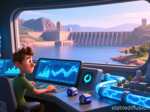 Young Male Monitoring Hydroelectric Dam Control Room