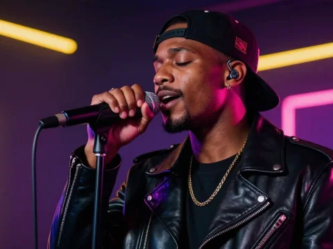 Young Male Singer Performing on Stage with Neon Lights