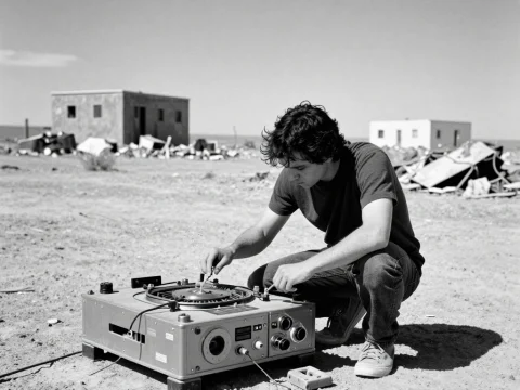 Young Man Adjusting Vintage Equipment in Desert