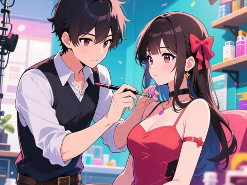 Young Man Applying Lipstick to Woman in Vibrant Anime Style