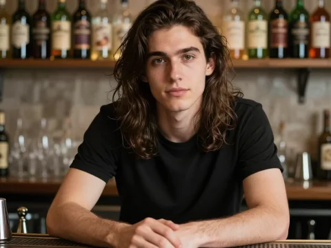 Young Man Behind Bar with Bottles in Background