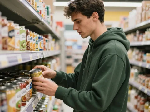 Young Man Choosing a Can in Grocery Store Aisle