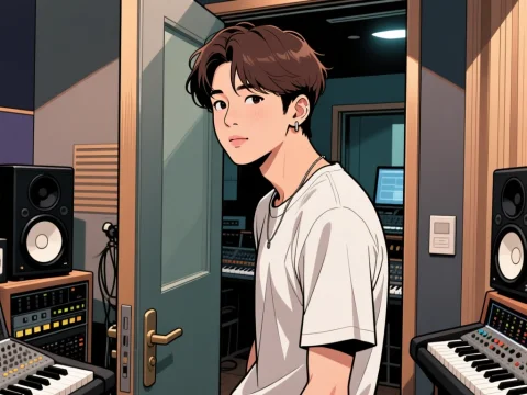Young Man Entering Music Studio in Anime Style